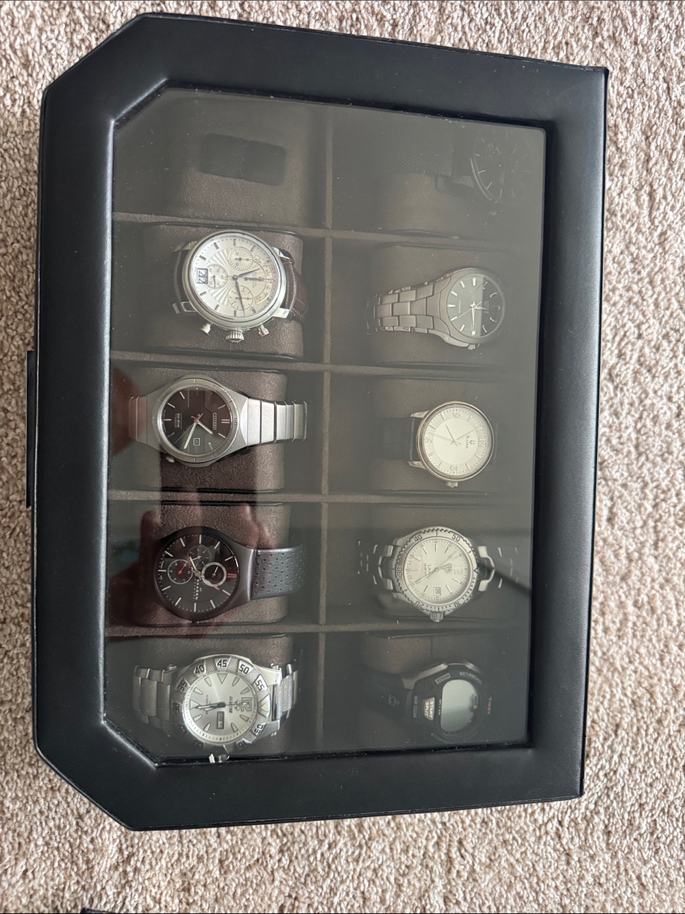 Clear Top Watch Organizer Case - Black with Brown Interior